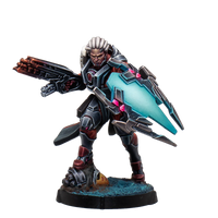 A painted Infinity Combined Army Achilles miniature, a heavily armored cybernetic warrior holding a large gun and an illuminated energy shield.
