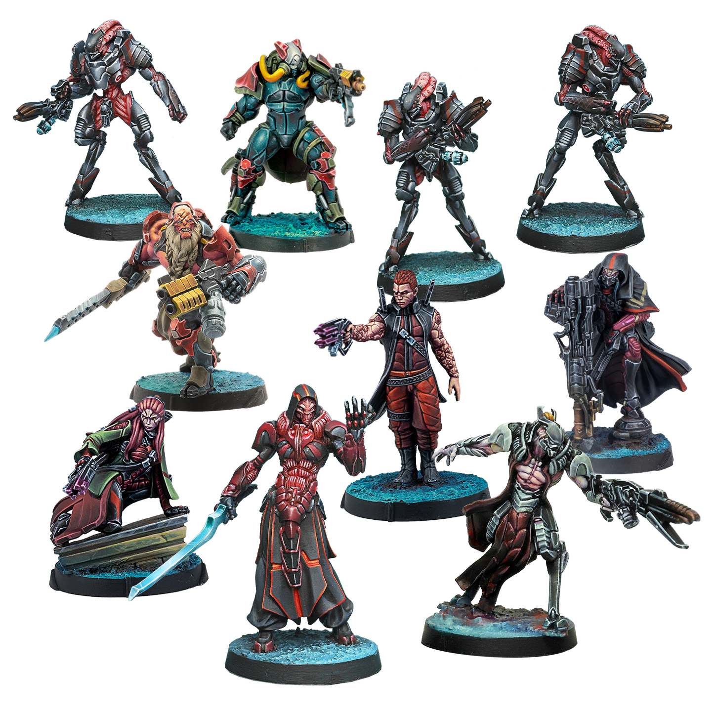 A collection of nine fully painted Infinity Combined Army miniatures, featuring a mix of Morat, Shasvastii, and other alien combat units in various poses.