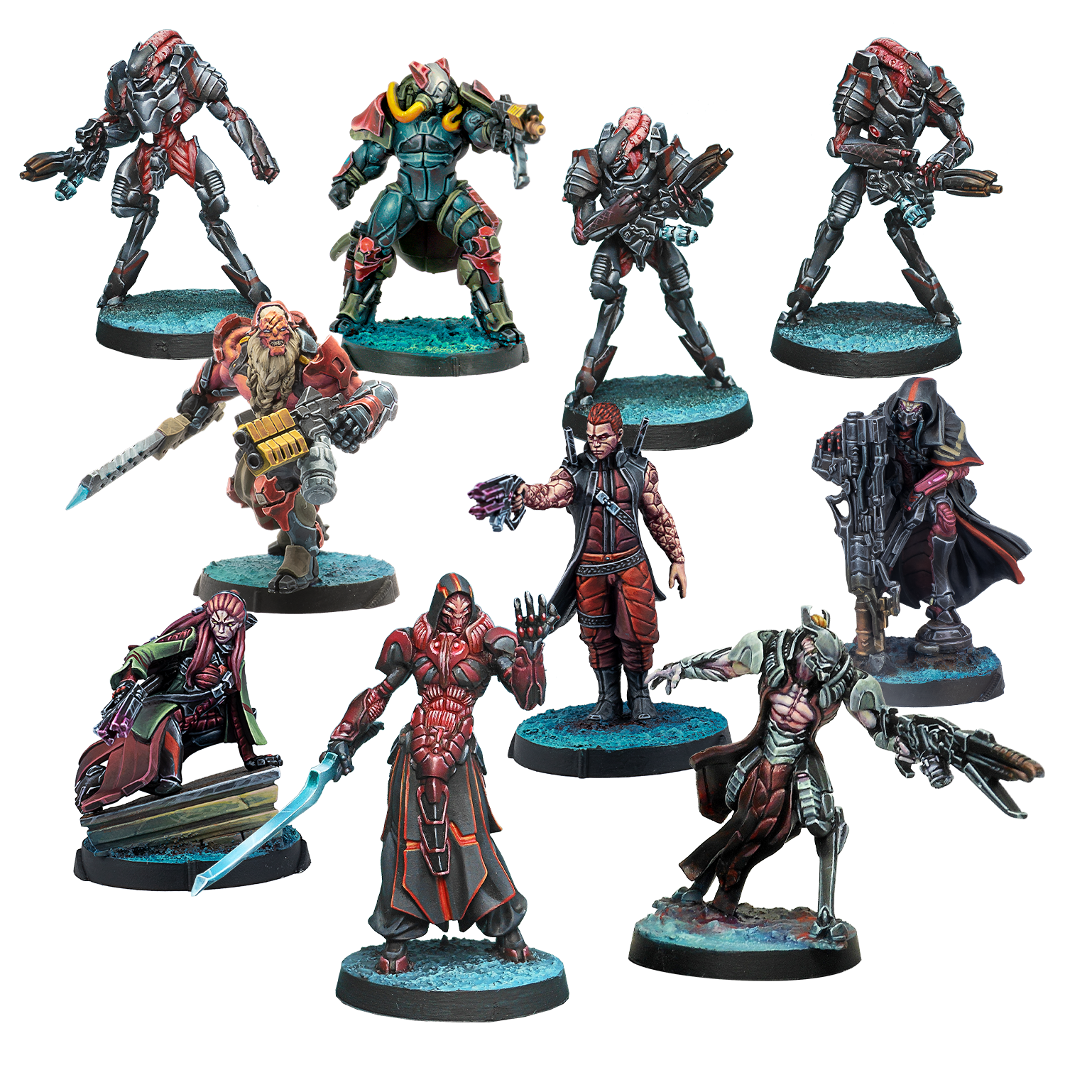 A collection of nine fully painted Infinity Combined Army miniatures, featuring a mix of Morat, Shasvastii, and other alien combat units in various poses.