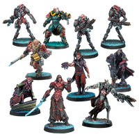 A collection of nine fully painted Infinity Combined Army miniatures, featuring a mix of Morat, Shasvastii, and other alien combat units in various poses.