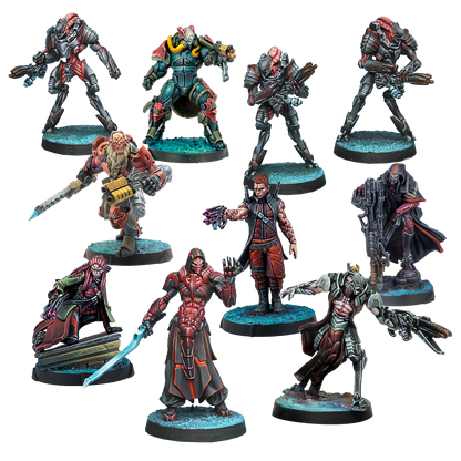 A collection of nine fully painted Infinity Combined Army miniatures, featuring a mix of Morat, Shasvastii, and other alien combat units in various poses.