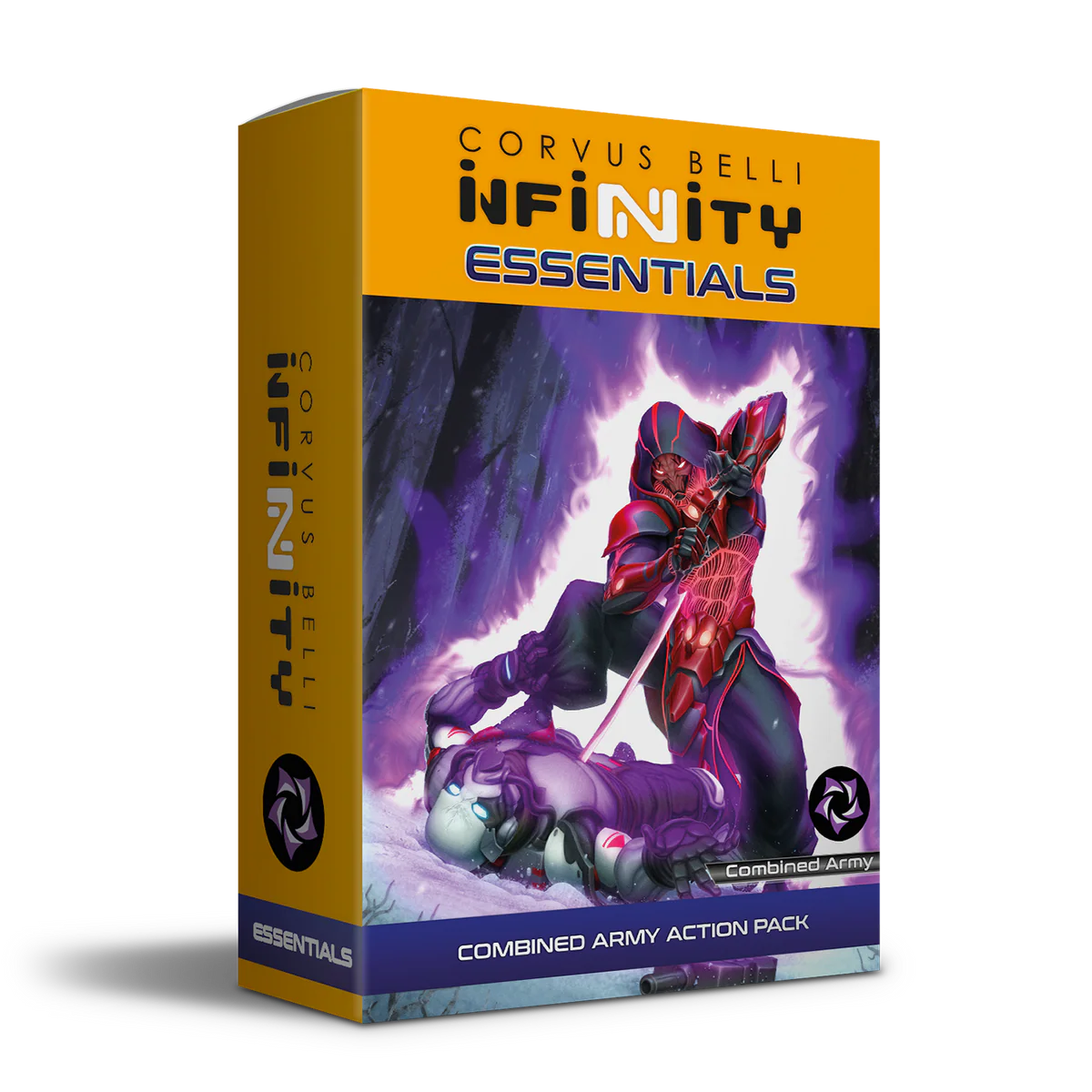 The product box for the Infinity Combined Army Essentials Action Pack, featuring artwork of a red and black armored alien warrior in a snowy forest.