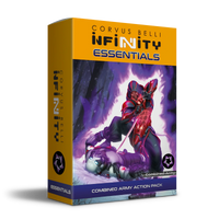 The product box for the Infinity Combined Army Essentials Action Pack, featuring artwork of a red and black armored alien warrior in a snowy forest.