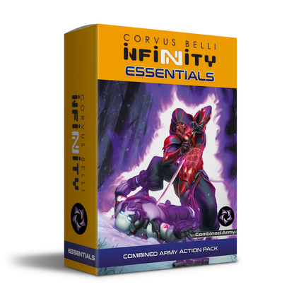 The product box for the Infinity Combined Army Essentials Action Pack, featuring artwork of a red and black armored alien warrior in a snowy forest.