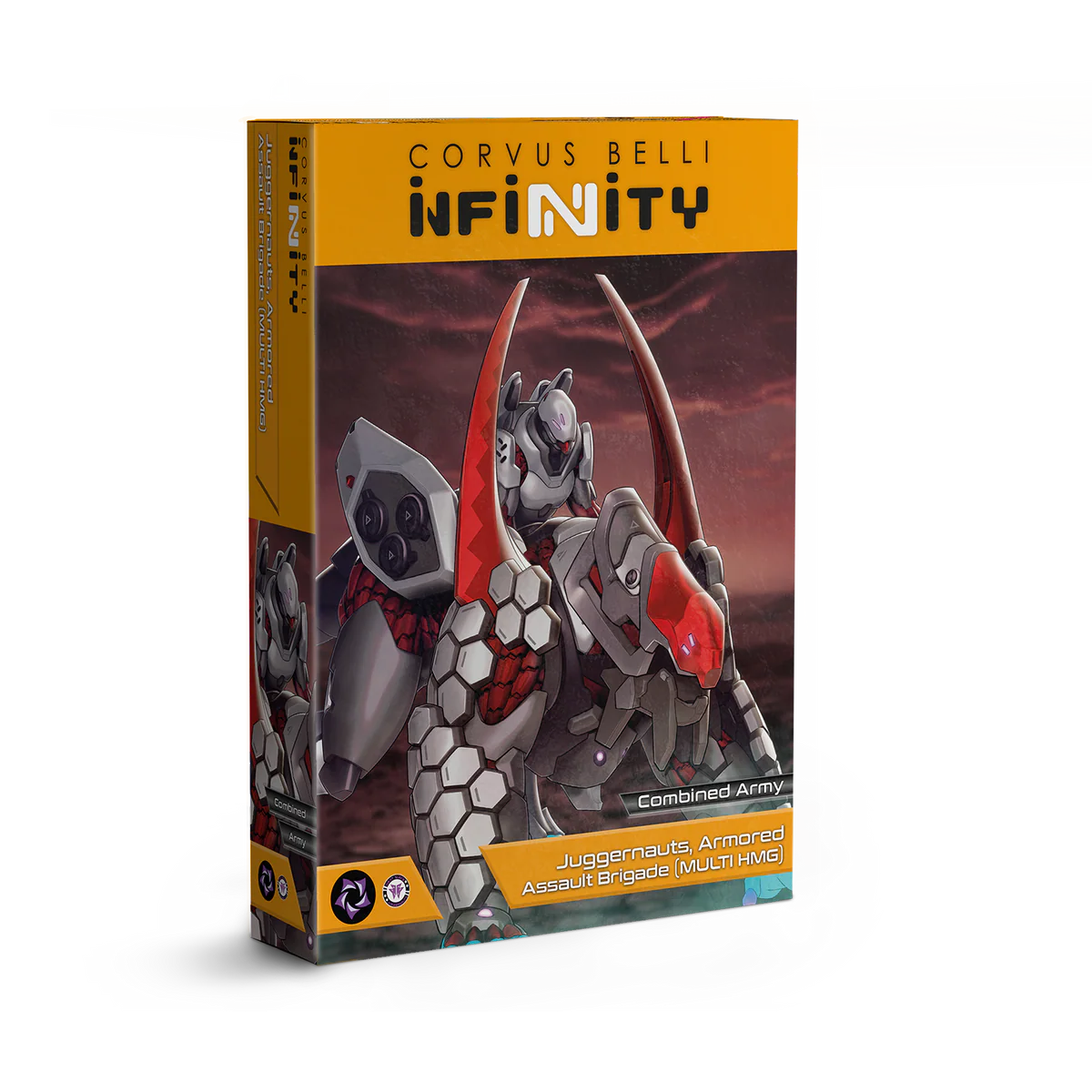 The product box for the Corvus Belli Infinity Combined Army Juggernauts, featuring artwork of the heavy, mounted assault creature and its rider.