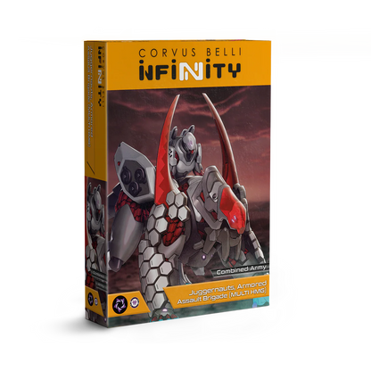 The product box for the Corvus Belli Infinity Combined Army Juggernauts, featuring artwork of the heavy, mounted assault creature and its rider.