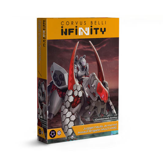 The product box for the Corvus Belli Infinity Combined Army Juggernauts, featuring artwork of the heavy, mounted assault creature and its rider.