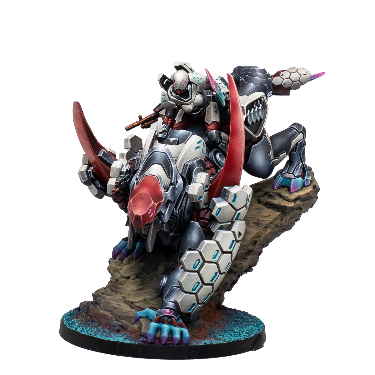 A painted Infinity Combined Army Juggernaut miniature, showing the infantry rider mounted on the massive, white and red armored assault creature.