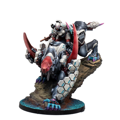 A painted Infinity Combined Army Juggernaut miniature, showing the infantry rider mounted on the massive, white and red armored assault creature.