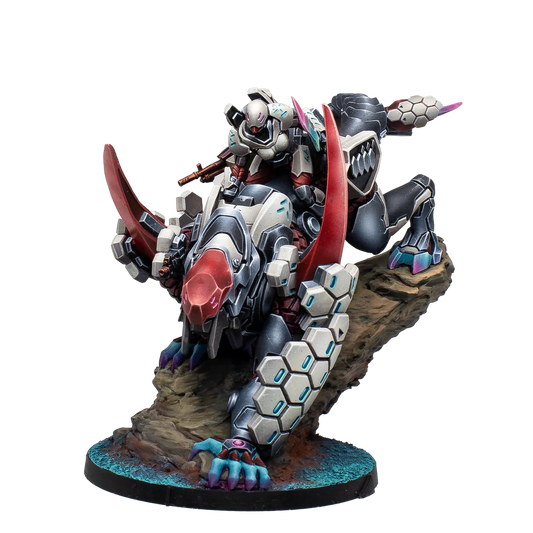 A painted Infinity Combined Army Juggernaut miniature, showing the infantry rider mounted on the massive, white and red armored assault creature.