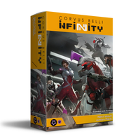 The product box for the Corvus Belli Infinity Combined Army Next Wave Action Pack, featuring dynamic artwork of infantry and mechanized units in battle.