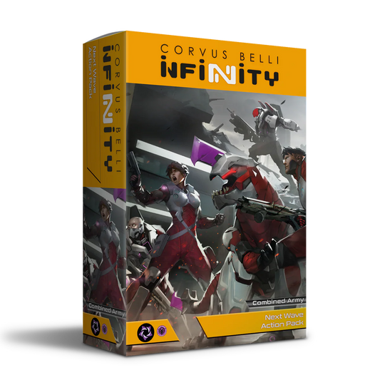 The product box for the Corvus Belli Infinity Combined Army Next Wave Action Pack, featuring dynamic artwork of infantry and mechanized units in battle.