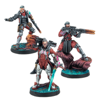 Three painted miniatures from the Next Wave Expansion Pack Alpha, including a heavy weapon specialist and a sniper for the Combined Army faction.