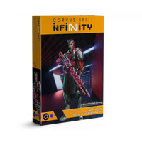 The product box for the Combined Army Next Wave Expansion Pack Alpha for Infinity, showcasing a sniper in a high-tech hallway.