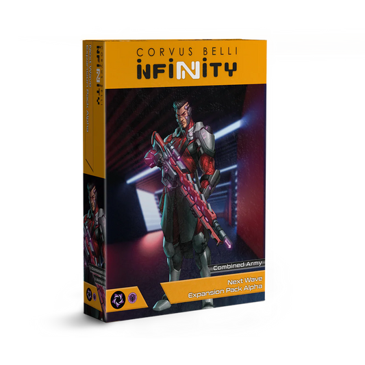 The product box for the Combined Army Next Wave Expansion Pack Alpha for Infinity, showcasing a sniper in a high-tech hallway.