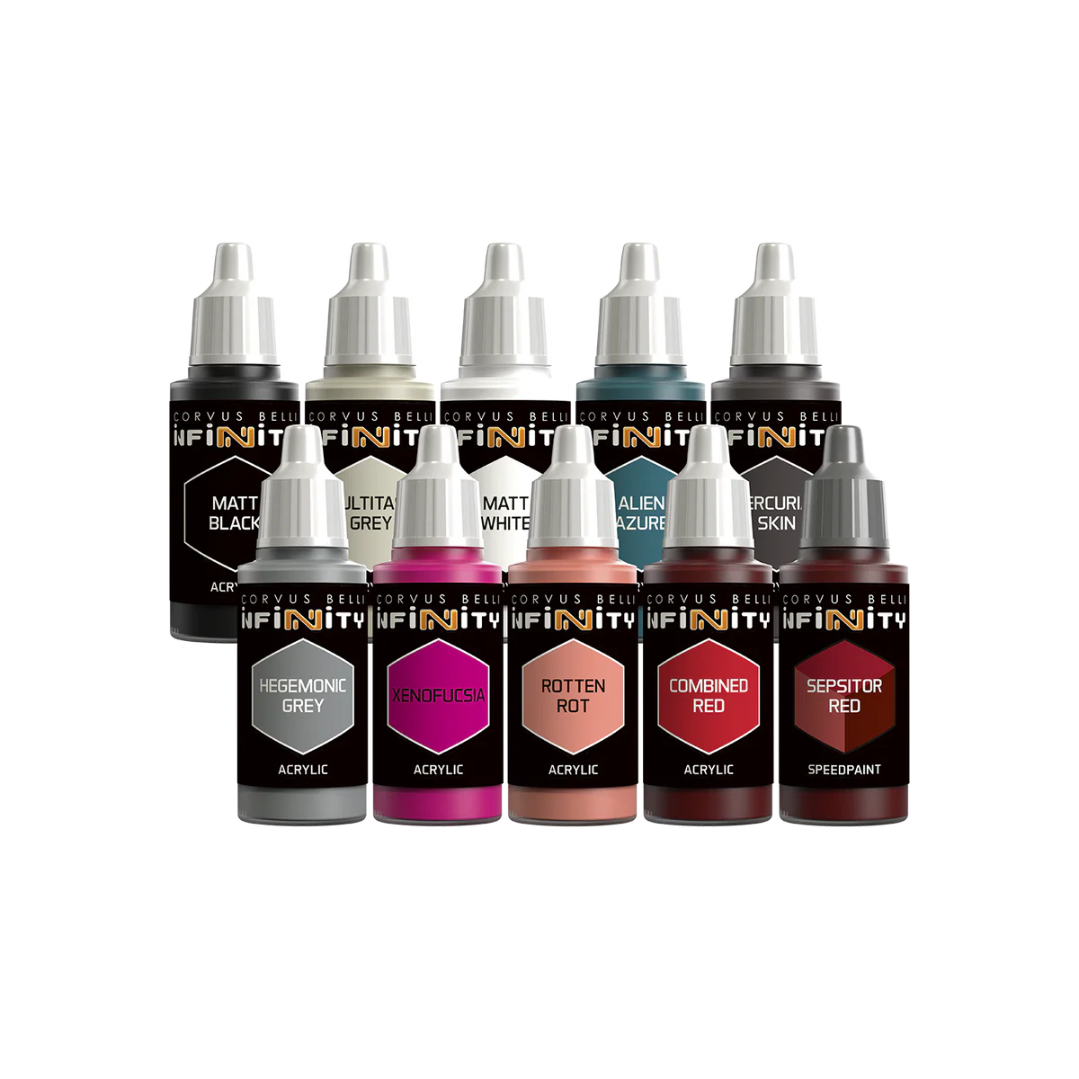 All 10 acrylic and speedpaint color bottles included in the Infinity Combined Army Paint Set, showing specific colors like Hegemonic Grey and Sepsitor Red.