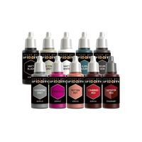 All 10 acrylic and speedpaint color bottles included in the Infinity Combined Army Paint Set, showing specific colors like Hegemonic Grey and Sepsitor Red.