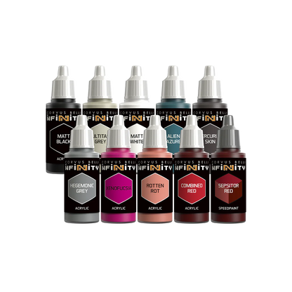 All 10 acrylic and speedpaint color bottles included in the Infinity Combined Army Paint Set, showing specific colors like Hegemonic Grey and Sepsitor Red.