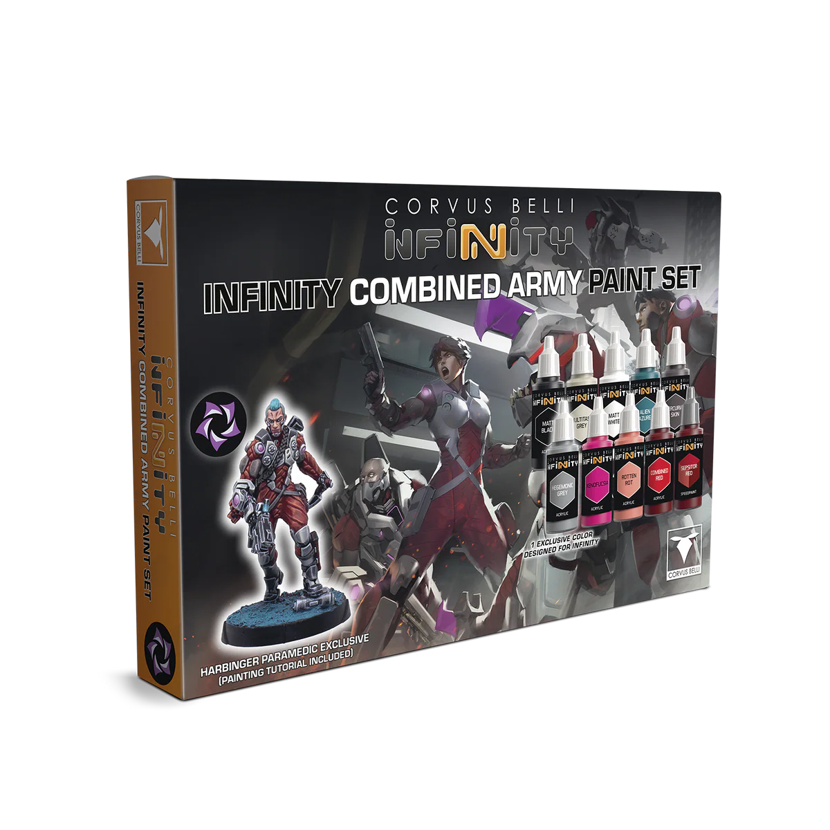 The product box for the Infinity Combined Army Paint Set, featuring the paint bottles and the exclusive Harbinger Paramedic miniature.