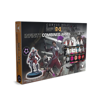 The product box for the Infinity Combined Army Paint Set, featuring the paint bottles and the exclusive Harbinger Paramedic miniature.