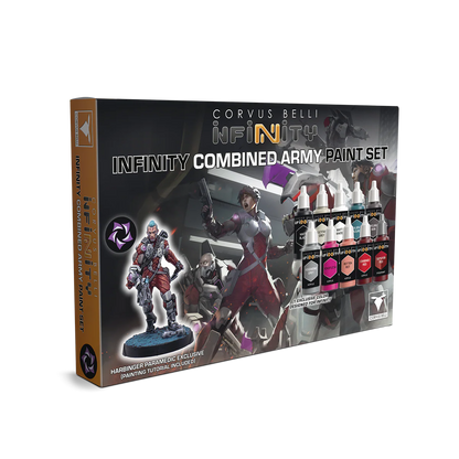 The product box for the Infinity Combined Army Paint Set, featuring the paint bottles and the exclusive Harbinger Paramedic miniature.