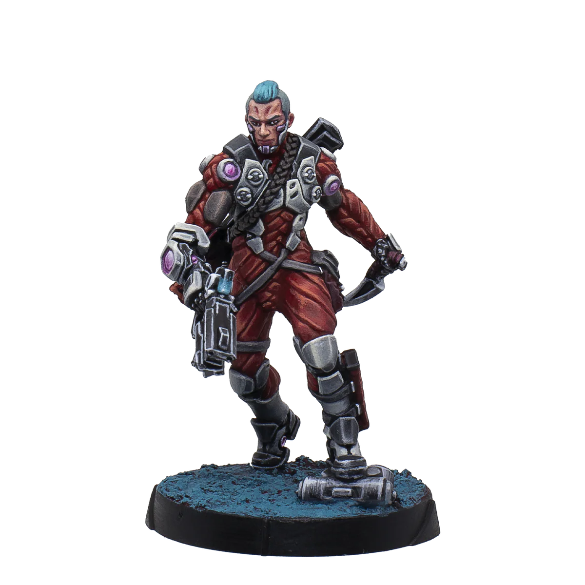 The fully painted exclusive Harbinger Paramedic miniature included in the Infinity Combined Army Paint Set, armed and wearing red and white combat gear.