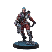 The fully painted exclusive Harbinger Paramedic miniature included in the Infinity Combined Army Paint Set, armed and wearing red and white combat gear.