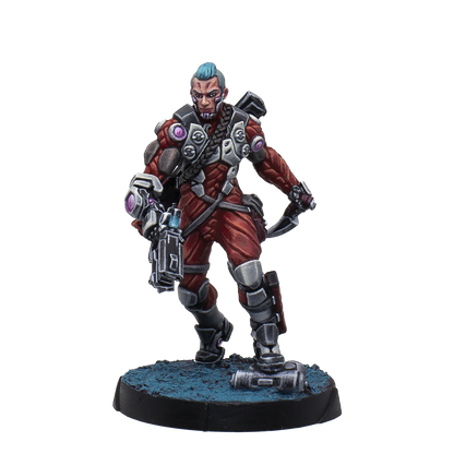 The fully painted exclusive Harbinger Paramedic miniature included in the Infinity Combined Army Paint Set, armed and wearing red and white combat gear.