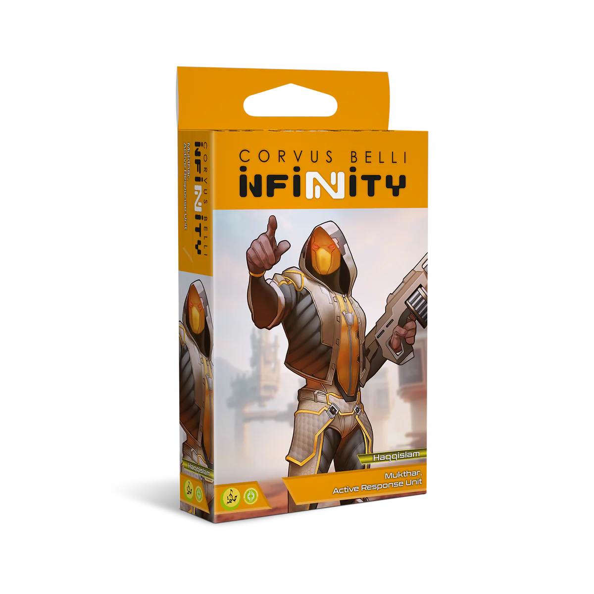 The product box for the Haqqislam Mukthar Active Response Unit, featuring a character in desert-themed tactical armor.