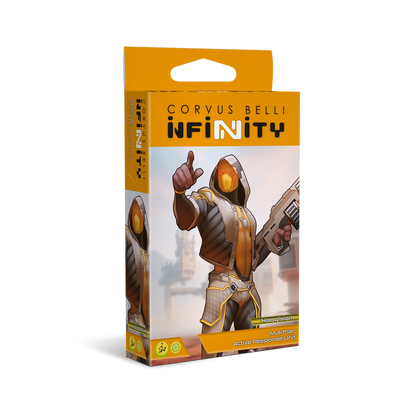The product box for the Haqqislam Mukthar Active Response Unit, featuring a character in desert-themed tactical armor.
