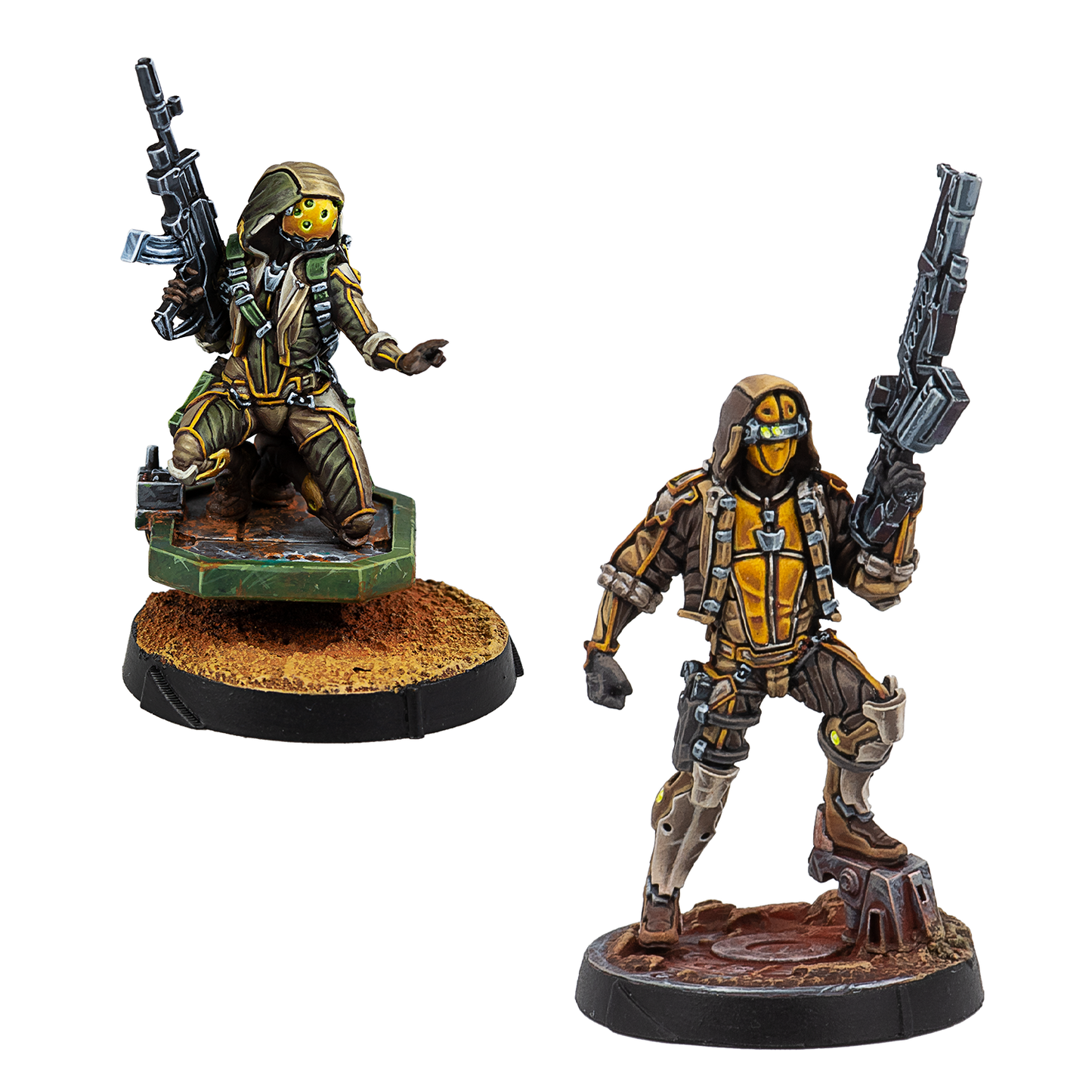 Two painted Infinity Haqqislam Mukthar unit miniatures, featuring soldiers in tan and green camo with yellow visors and rifles.