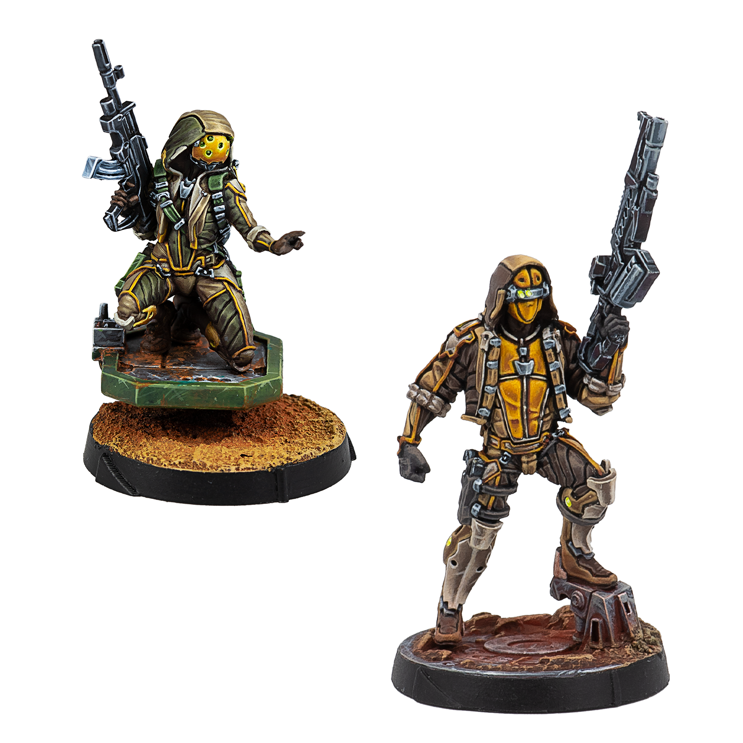 Two painted Infinity Haqqislam Mukthar unit miniatures, featuring soldiers in tan and green camo with yellow visors and rifles.