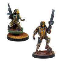 Two painted Infinity Haqqislam Mukthar unit miniatures, featuring soldiers in tan and green camo with yellow visors and rifles.