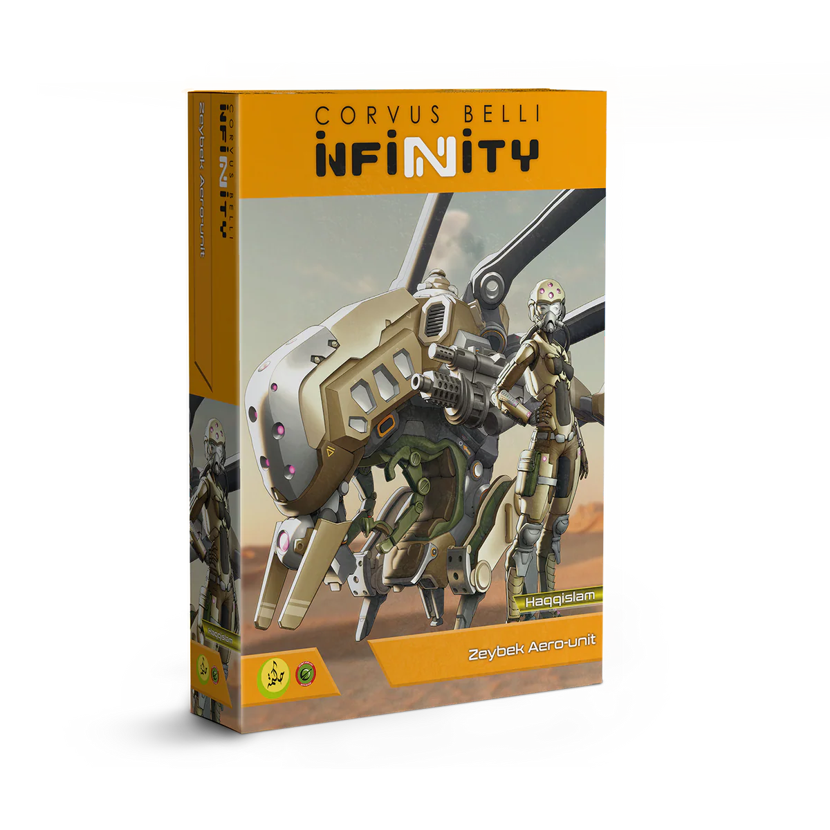 The product box for the Corvus Belli Infinity Haqqislam Zeybek Aero-Unit, featuring a female pilot next to a large, armed combat drone.