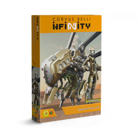 The product box for the Corvus Belli Infinity Haqqislam Zeybek Aero-Unit, featuring a female pilot next to a large, armed combat drone.