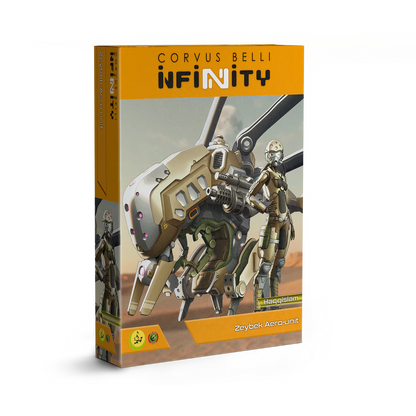 The product box for the Corvus Belli Infinity Haqqislam Zeybek Aero-Unit, featuring a female pilot next to a large, armed combat drone.