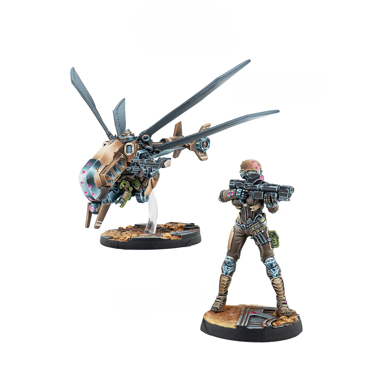 Two painted Infinity Haqqislam Zeybek Aero-Unit miniatures: the human operative and the multi-rotor armed combat drone.