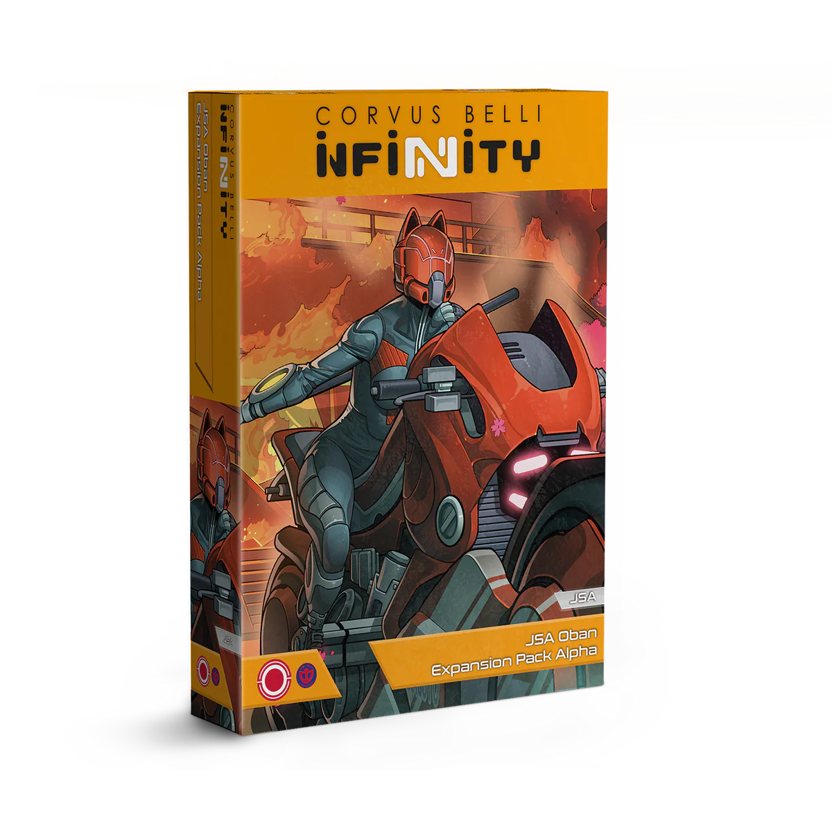The product box for the Corvus Belli Infinity JSA Oban Expansion Pack Alpha, featuring Japanese Secessionist Army artwork with a character on a red combat motorbike.