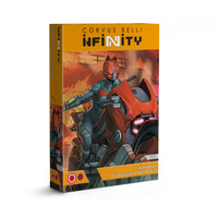 The product box for the Corvus Belli Infinity JSA Oban Expansion Pack Alpha, featuring Japanese Secessionist Army artwork with a character on a red combat motorbike.