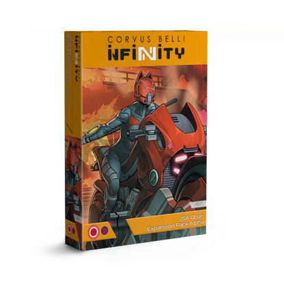 The product box for the Corvus Belli Infinity JSA Oban Expansion Pack Alpha, featuring Japanese Secessionist Army artwork with a character on a red combat motorbike.