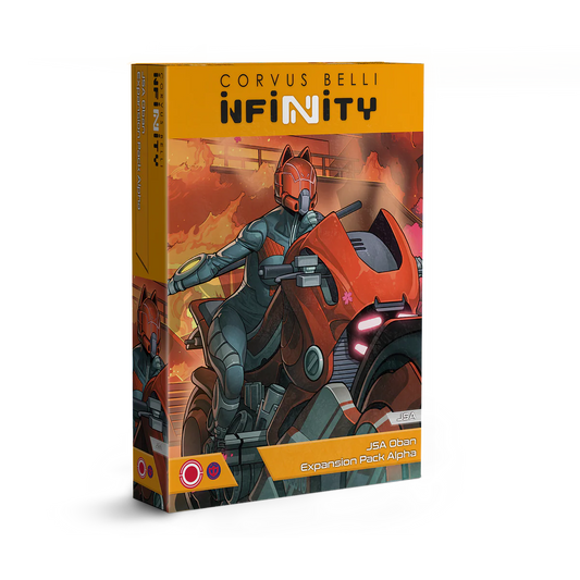 The product box for the Corvus Belli Infinity JSA Oban Expansion Pack Alpha, featuring Japanese Secessionist Army artwork with a character on a red combat motorbike.