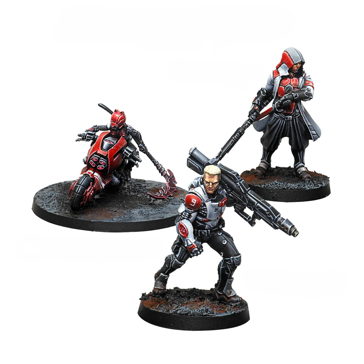 Three painted Infinity JSA Oban Expansion Pack Alpha miniatures, including a motorcycle trooper, a heavy infantry model, and a hooded specialist character.