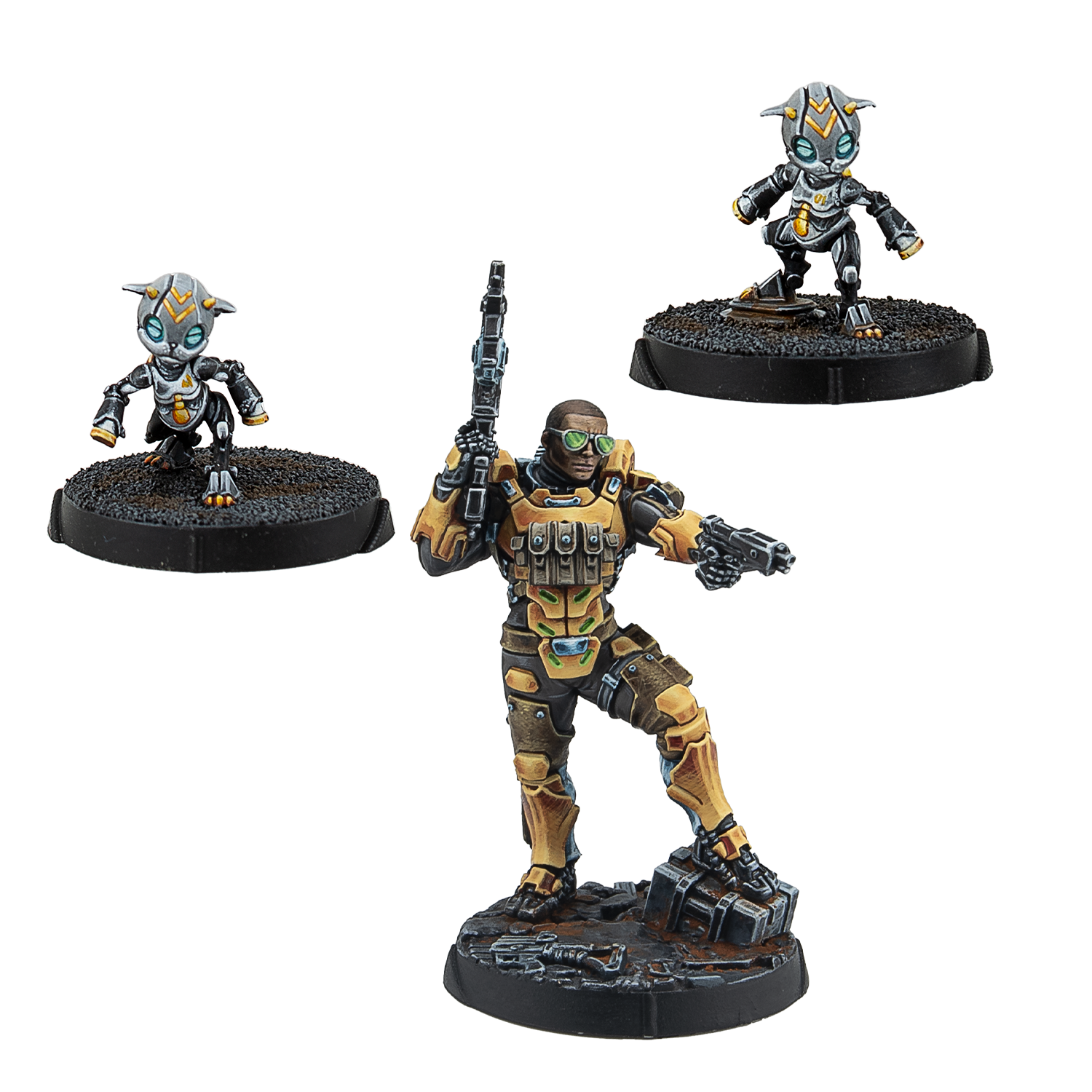 Three painted miniatures including a Yu Jing Gui Feng Xi Zhuang soldier and two small cat-like robotic companion drones.