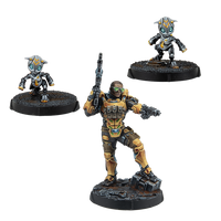Three painted miniatures including a Yu Jing Gui Feng Xi Zhuang soldier and two small cat-like robotic companion drones.