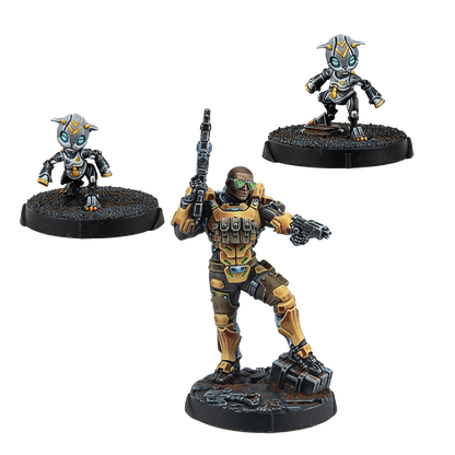 Three painted miniatures including a Yu Jing Gui Feng Xi Zhuang soldier and two small cat-like robotic companion drones.