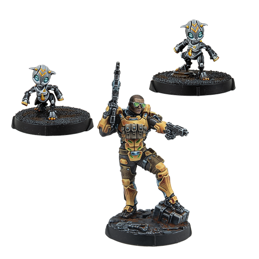 Three painted miniatures including a Yu Jing Gui Feng Xi Zhuang soldier and two small cat-like robotic companion drones.