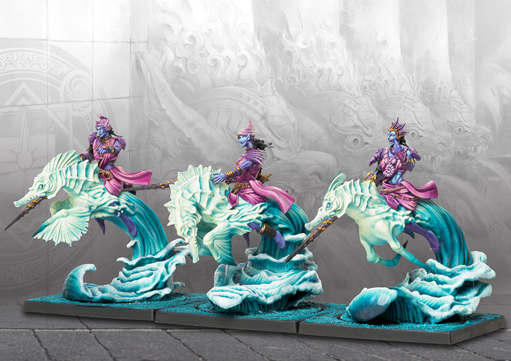 Three painted Sorcerer Kings Marid Lancers miniatures riding seahorse mounts on tidal wave bases.