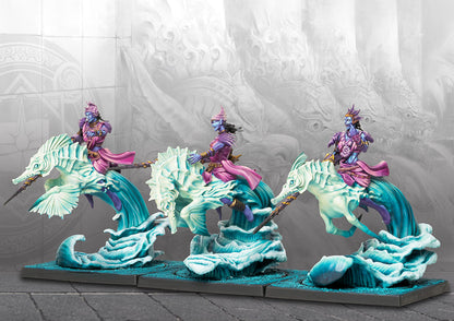 Three painted Sorcerer Kings Marid Lancers miniatures riding seahorse mounts on tidal wave bases.