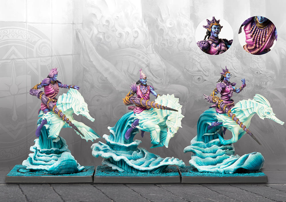 Conquest Marid Lancers models with lances lowered, riding surging water wave cavalry mounts.