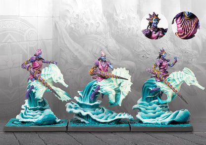 Conquest Marid Lancers models with lances lowered, riding surging water wave cavalry mounts.